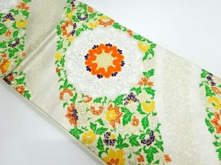 89548 Japanese Kimono / Antique Fukuro Obi / Woven Flower & Floral Crest