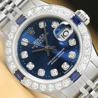 Rolex Datejust Ladies 18k White Gold Diamond Sapphire 1.  1 Ct Bezel & Steel Watch