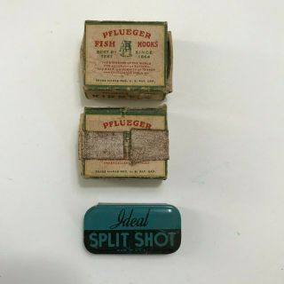 Two Boxes Of Vintage Pflueger Fish Hooks And Ideal Split Shot Tin