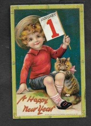 Antique Year Post Card Child With Cat