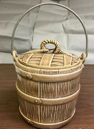Vintage Oak Barrel Designed Cookie Jar With Metal Handle,  Usa