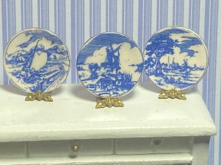 3 Vintage Reutter Dollhouse Delft Blue Chargers W/ Ornate Brass Stands 1:12