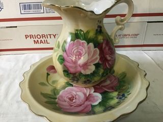 Antique Leffon Lefton China Hand Painted Rose Pitcher And Bowl No Flaws
