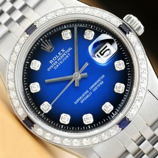 Mens Rolex Datejust Blue Vignette Diamond Sapphire 18k White Gold & Steel Watch