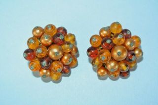 Vintage Signed Japan Amber Cluster Bead Clip On 1 " Earrings