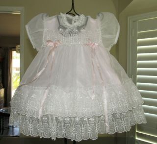 Vtg Baby Girl Sheer Dress Fancy Party Baby Doll Scalloped Embroidered Lattice