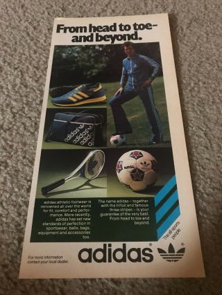 Vintage 1977 Adidas Soccer Shoes Poster Print Ad 1970s Track Suit Nasl Ball Rare