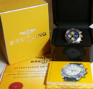 Breitling Evolution B13356 18k Gold Steel Chronograph Mens Watch Box Papers