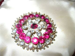 Vintage Cranberry And Clear Glass Large Brooch
