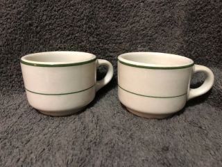 2 Caribe Restaurant Ware Vintage Mugs Cups White With Green Stripes