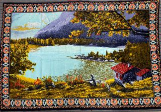 Vintage Mountain Lake House Cabin Velvet Tapestry Wall Hanging 58” X 39 "