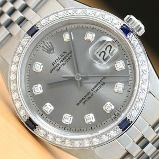 Mens Rolex Datejust Gray Dial 18k White Gold Diamond Sapphire Watch,  Rolex Band