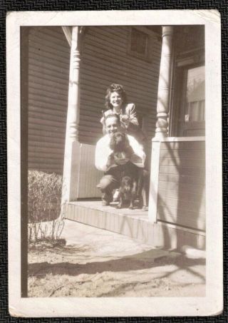 Antique Vintage Photograph Man And Woman W/ Puppy Dog On Front Porch