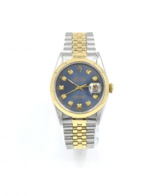 Vintage Gents Rolex Datejust 16233 Wristwatch Blue Dial Diamonds Steel 18k Gold