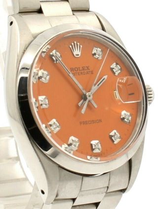 Mens Rolex Oyster Date Precision 6694 Stainless Steel Orange Dial Diamond Watch
