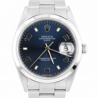2002 Rolex Date 15200 Blue Arabic 34mm Oyster Stainless Steel Watch Datejust