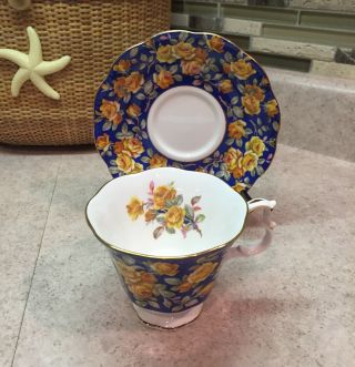Royal Albert Cup/saucer Blue W/yellow Roses Merrie England Series