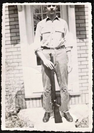 Vintage Antique Photograph Man Standing In Front Of House With Rifle / Gun