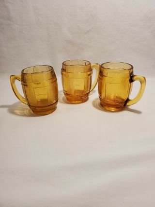 Vintage Amber & Green Mini Mugs Shot Glass Beer Barrel Toothpick Holder Set Of 3