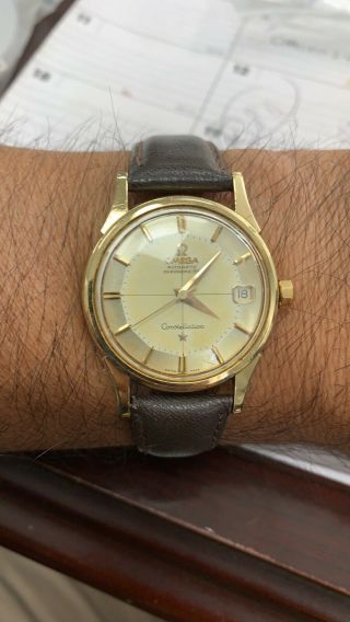 Vintage 1960s Omega Constellation Chronometer 18k Yellow Gold Pie Pan