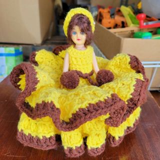 Vintage Bed Pillow Doll Crocheted Dress & Hat Yellow Brown Hair Secret Compartmn