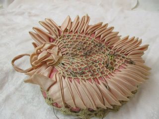 Vintage Hand Made Pink Satin & Crochet Lace Heart Pin Cushion