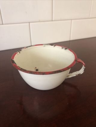 Vintage Collector Enamel Ware Cup White Red Trim