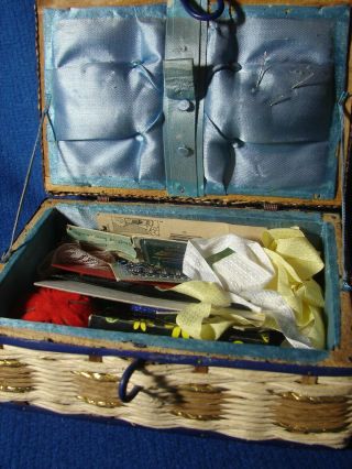 Small Vintage Wicker / Rattan Sewing Basket Filled With Various Notions