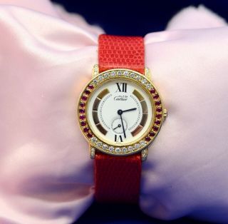 Must De Cartier Watch Gold Plated Argent With Diamonds,  Rubies