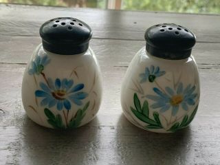 Pair Antique Victorian Hand Painted Milk Glass Salt Pepper Shakers Challinor?