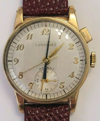 Rare 1940s Longines Single Pusher Cal 12.  68z Fly Back Chronograph Watch Serviced
