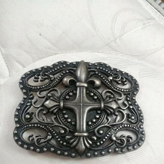 Vintage Gothic Cross Belt Buckle Embossed Silver Black Non Magnetic