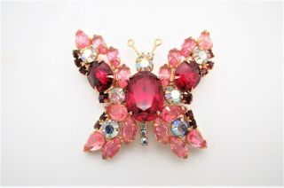 Vtg Gold Tone Large Butterfly Brooch W/pink,  Red & Crystal Ab Rhinestones