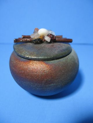 Jeremy Diller Miniature Raku Pottery Fetish Jar With Lid Colorful Gemstone