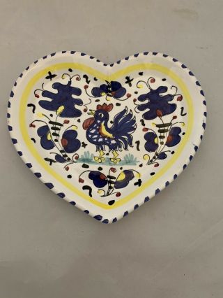 Vintage Sambuco Mario Deruta Italy Hand Painted Rooster Heart Shape Trinket Dish