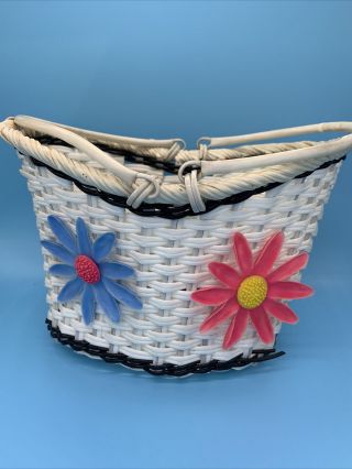 Vintage White Woven Front Bicycle Basket W Flowers