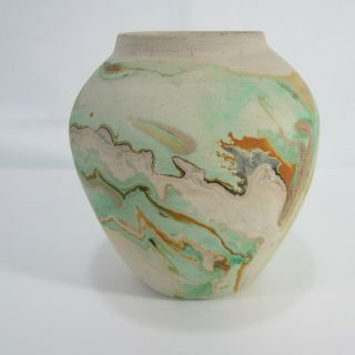 Nemadji Pottery Vase Shades Of Green Orange On Tan Background 5 " Tall Usa