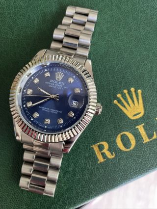 Rolex Mens Blue Dial 18k White Gold & Stainless Steel Quickset Watch