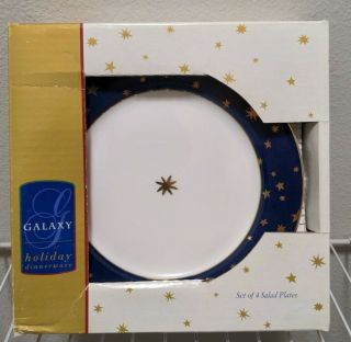 Set Of 4 Galaxy Sakura Porcelain Salad Plates 8 1/2 " Blue W/ 14k Gold Stars.