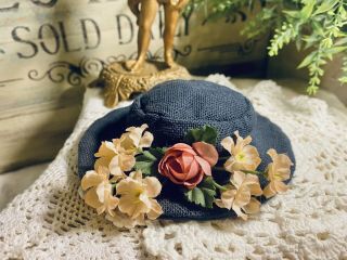 Vtg Antique French Baby Doll Floral Garden Hat With Pink Rose Flowers Pretty