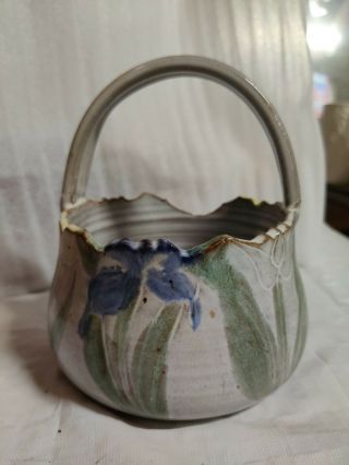 Vintage Stoneware Floral Basket Iris Tulips Daffodils 5 1/2 " Planter Glazed Pot