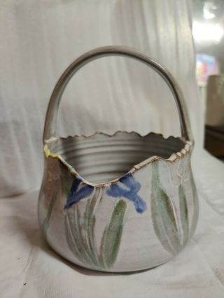 Vintage Stoneware Floral Basket Iris Tulips Daffodils 5 1/2 