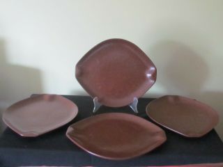 4 Roseville Pottery Raymor Autumn Brown Matte Salad Plates 10 " B