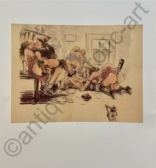 Erotic Penis Antique Art Nude Vagina Orgie Navy Orgy Sex Breast Print 1940