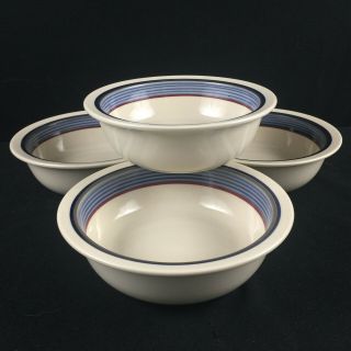 Set Of 4 Vtg Soup Bowls By Epoch American Decoy Blue Red Gray Bands C201 Korea