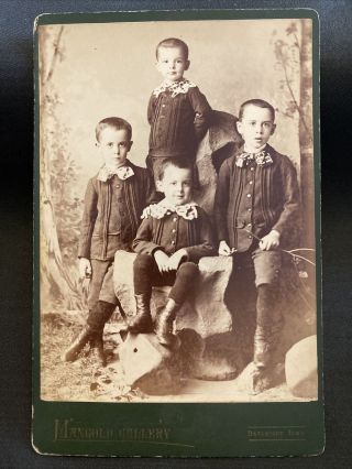 Antique Cabinet Card Photo 4 Brothers Boys In Fancy Bows And Lace Davenport Iowa
