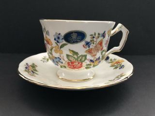 Aynsley Cottage Garden Footed Tea Cup Saucer Set Butterfly Flowers,  Gold Trims