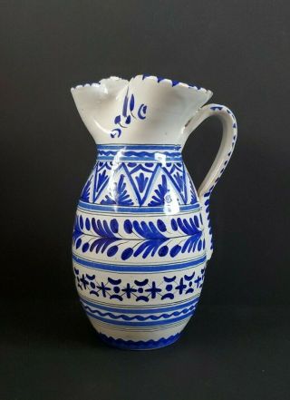Vintage Hand Painted Pottery Sanguino Toledo Wine Pitcher Spanish Signed Blue