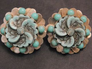 Vintage Turquoise Blue Carved Beaded Celluloid Flower Shaped Screw Back Earrings