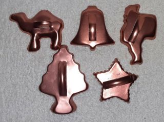 5 Copper Colored Aluminum Christmas Cookie Cutters Vintage